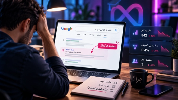 چرا سایت شما هنوز در صفحه اول گوگل نیست؛ تصویر مفهومی از رتبه پایین سایت، بازدید کم، نرخ تبدیل ضعیف و کاهش مشتری