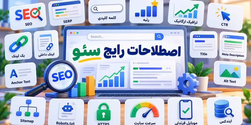تصویر اصطلاحات رایج سئو شامل کلمه کلیدی، SERP، ترافیک ارگانیک، CTR، بک لینک، لینک داخلی و ایندکس