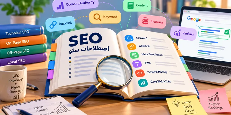 جدول اصطلاحات تخصصی سئو شامل کلمات کلیدی، بک لینک، ایندکس، اسکیما و Core Web Vitals