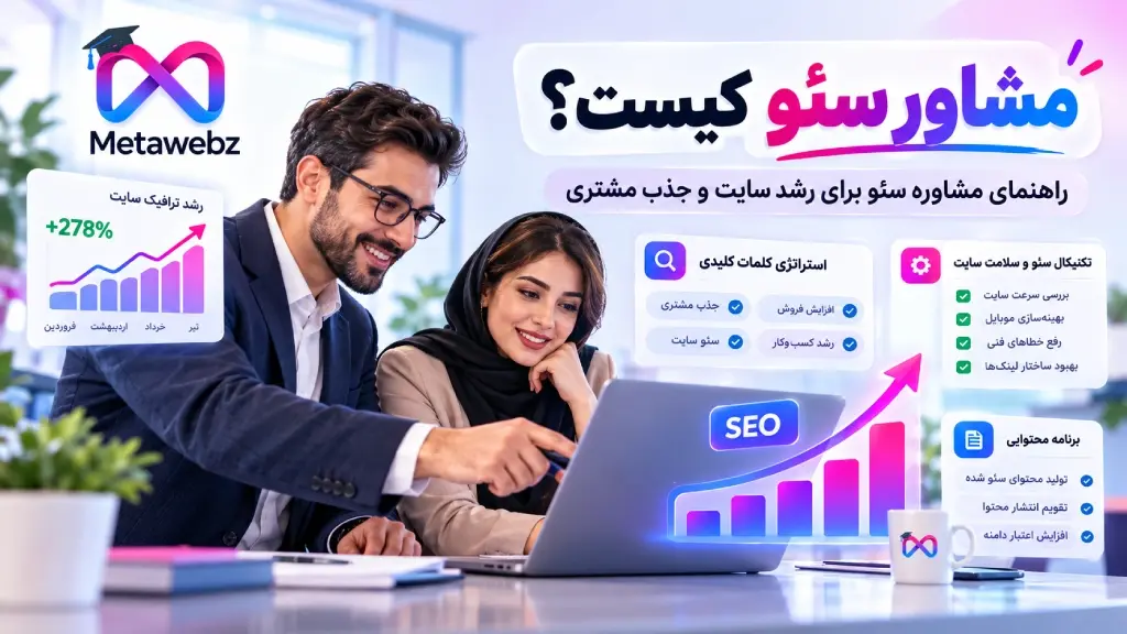 مشاور سئو در حال بررسی سایت و ارائه راهکارهای بهبود رتبه گوگل و جذب مشتری